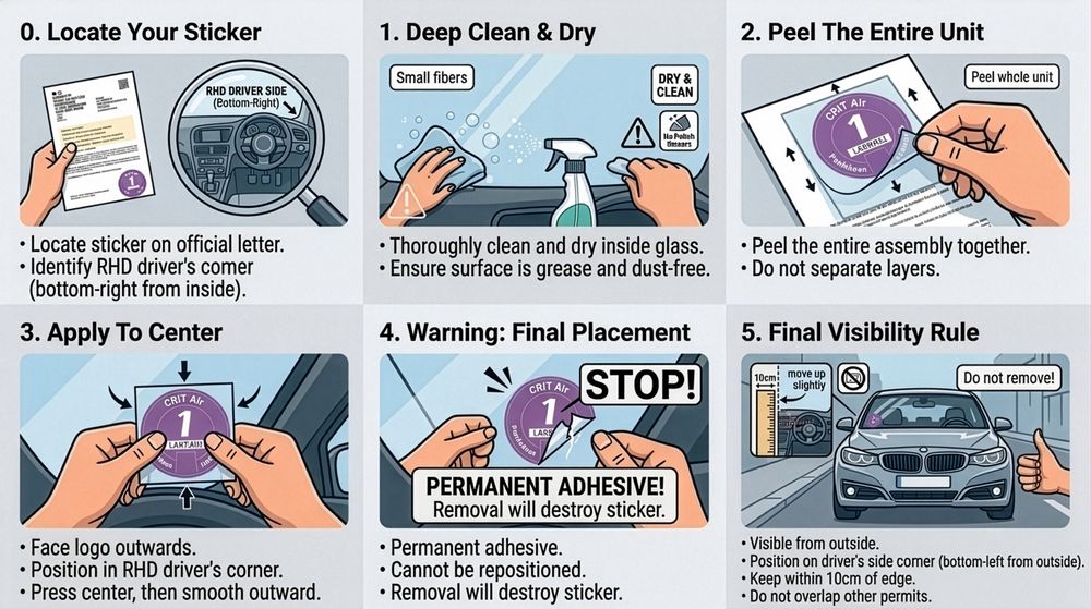 Six-panel guide to applying a Crit'Air sticker: locate it on the letter, deep clean and dry the glass, peel the whole unit off in one piece, press it on from the centre, do not reposition it, and check it is visible from the street